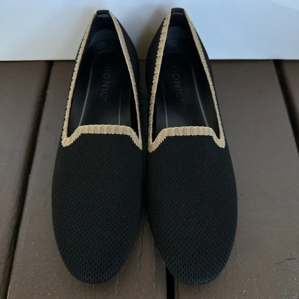 Vionic Willa Knit Slip On Shoes Womens Sz 6.5 Black Loafer Flats Beige Comfort